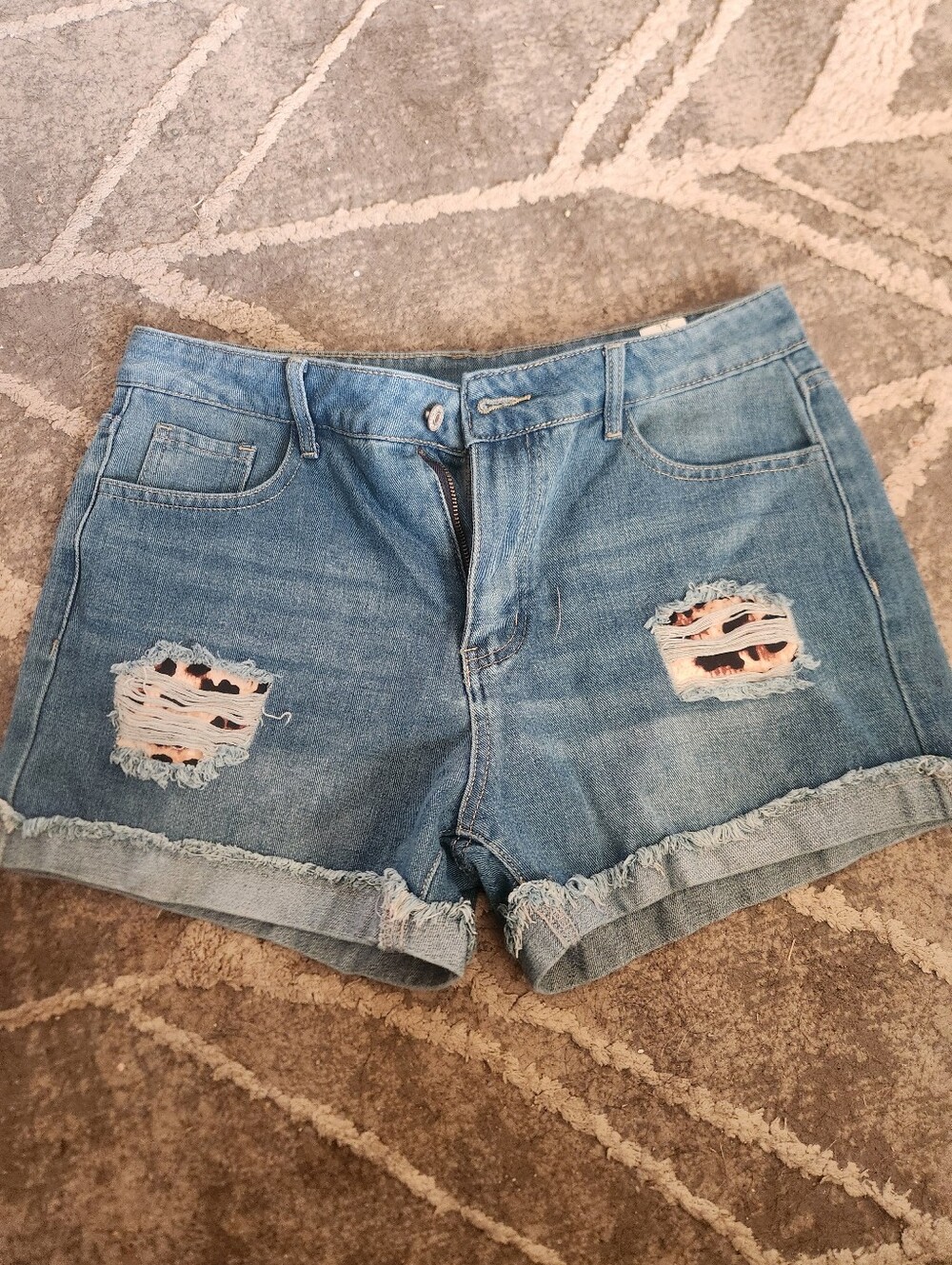 Women’s Distressed Animal Print Blue Denim Shorts